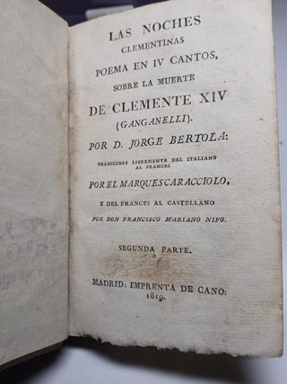 Libro Antiguo "Las Noches Clementinas" (Año 1819)