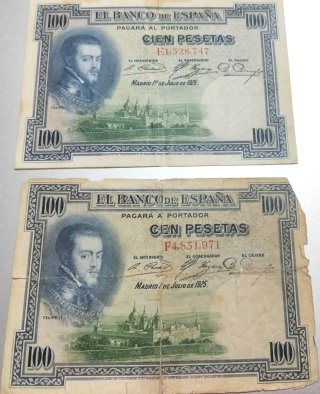 2 Billetes 100 Pesetas 1925 Felipe II