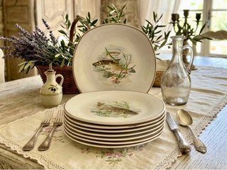 🇫🇷 9 Platos Llanos Porcelana imagen pescado