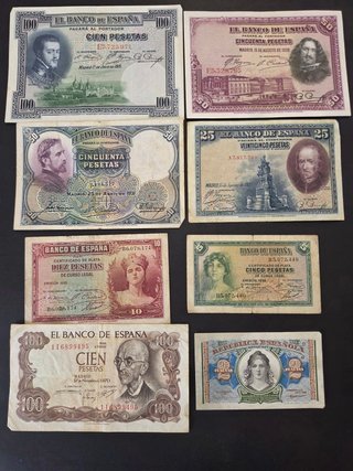Lote de 8 billetes históricos de España 1925 a...