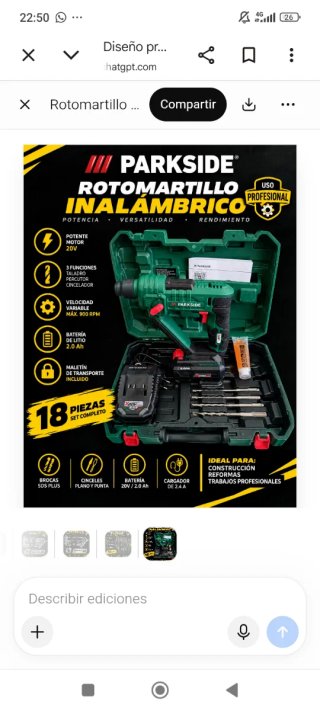Rotomartillo taladro Inalámbrico Parkside 20V