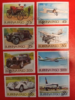Lote 8 Sellos Burkina Faso Coches y Aviones