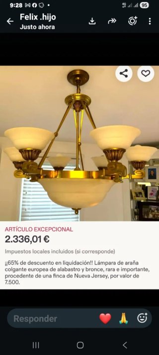 Lámpara de Araña de Alabastro y Bronce.6 apliques.