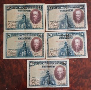ESPAÑA Lote de las 5 series de 25 Pesetas de 1928