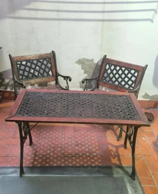 Conjunto mesa y sillas jardín vintage madera hierr