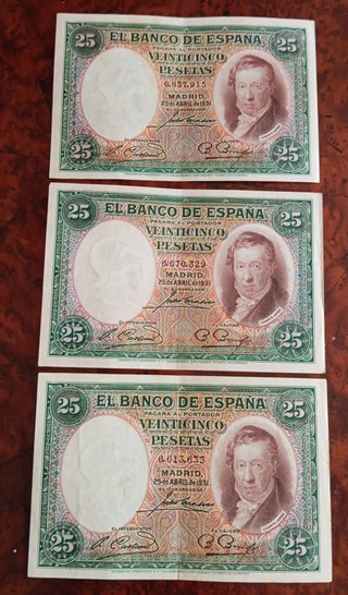 ESPAÑA - Lote 3 Billetes 25 Pesetas 1931