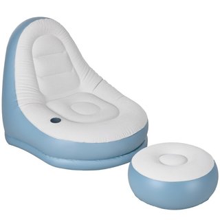 Sillón hinchable y puf, de plástico, blanco y azul