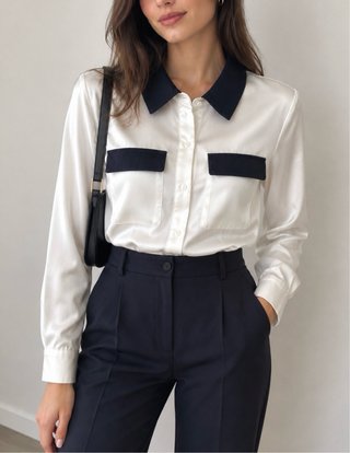 Camisa Satinada Zara Blanca y Azul