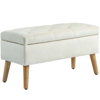 Banco puf reposapiés de terciopelo y madera, crema