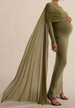Vestido Largo Premamá Oliva con Capa