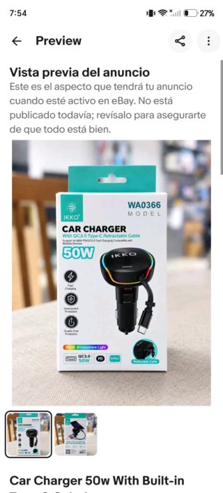Cargador de Coche IKKO 50W con Cable Tipo C