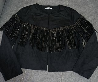 Chaqueta Estilo Western Zara Negra Flecos y Strass