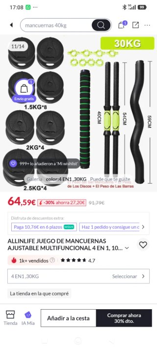 Set de Mancuernas Ajustables 30kg 4 en 1