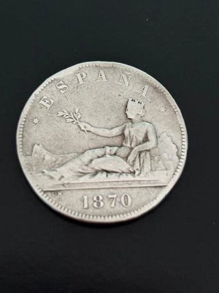 Moneda 5 Pesetas Plata 1870. Grabado L. M.