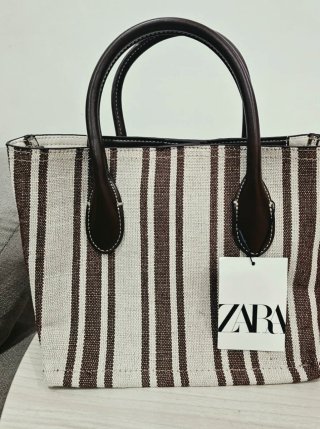 Bolso de Canvas Rayado en Beige y Marrón