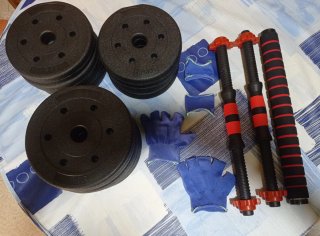 Set de Mancuernas y Barra 20kg con Guantes