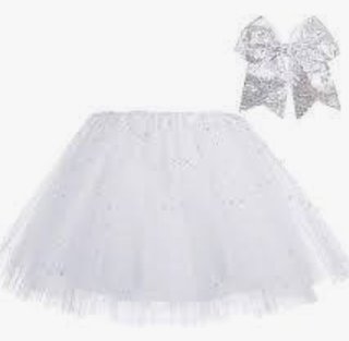 Falda tutú blanca con lazo plateado brillante