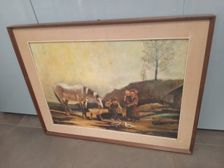 Dipinto Antico Olio su Tavola Scena Rurale