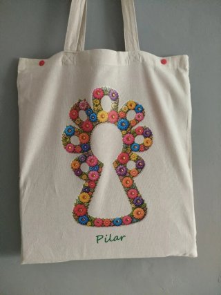 Tote Bag Beige con Decoración Floral