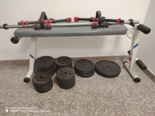 Juego pesas, mancuernas y banco fitnes