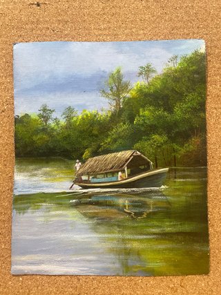 Pintura peruana al Óleo: Barco en Río Amazonas
