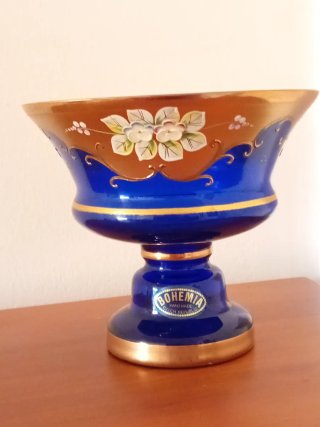 Cuenco de cristal con oro 24K, flores hecho a mano