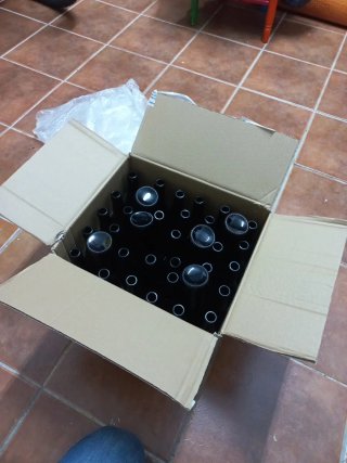Scatola con bottiglie da terzo vuote