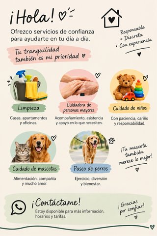 Limpieza y cuidado de mayores, niños y mascotas.