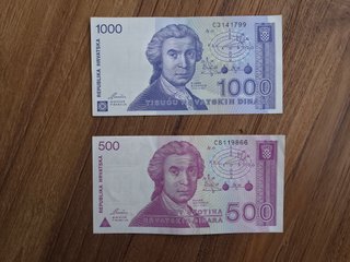 Lote 2 Billetes Croacia 500 y 1000 Dinara.