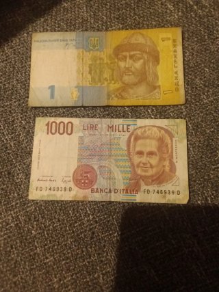 2 Billetes: 1 Grivna Ucrania y 1000 Liras Italia