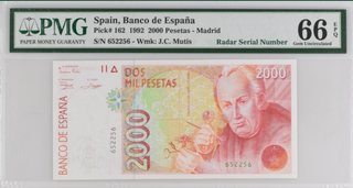 Billete 2000 Pesetas 1992 PMG 66 Capicúa