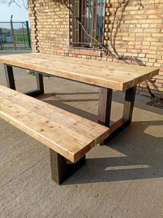 Mesa y Banco de Madera Recuperada y Hierro 250 cm