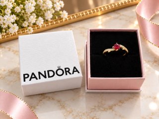 Anillo Pandora Dorado con Piedra Roja