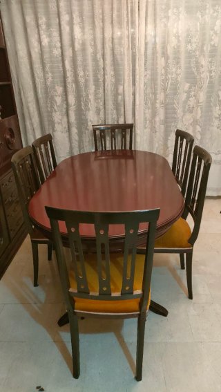 Mesa comedor madera cerezo extensible + 6 sillas