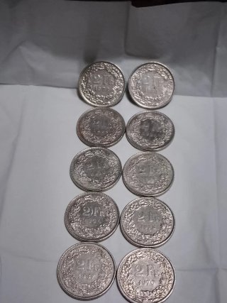 Lote de 10 Monedas de 2 Francos Suizos