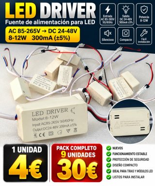 Driver LED 8-12W 300mA 24-48V para luces LED