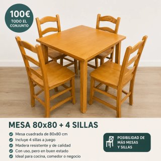 Mesa Cuadrada 80x80 cm y 4 Sillas de Madera