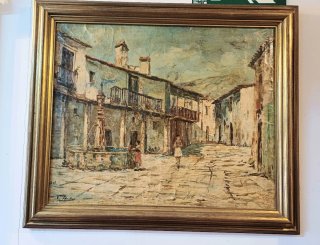 Antiguo Óleo sobre lienzo, plaza de pueblo