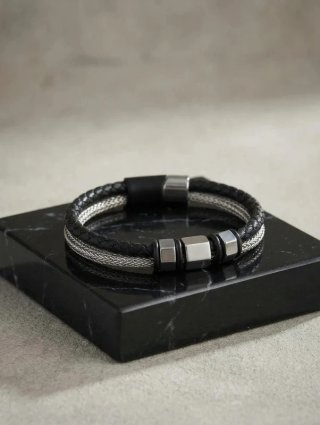 Pulsera Bitono Cuero Sintético y Malla