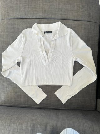 Zara polo blanco de canalé corto manga larga M