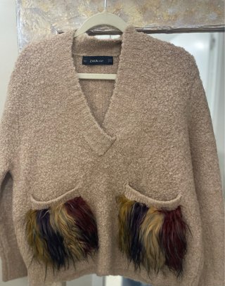 Jersey Beige Zara con Bolsillos de Pelo