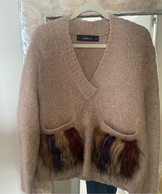 Jersey Beige Zara con Bolsillos de Pelo