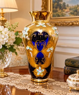 Jarrón Cristal de Bohemia Azul Cobalto y Oro 24k