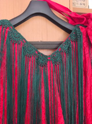 Vestido de flamenca rojo con flecos verdes