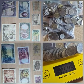 Lote de 7 Billetes Históricos y 645g de Monedas
