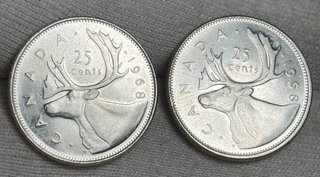 2 Monedas de 25 Céntimos Canadá 1968 + Regalo