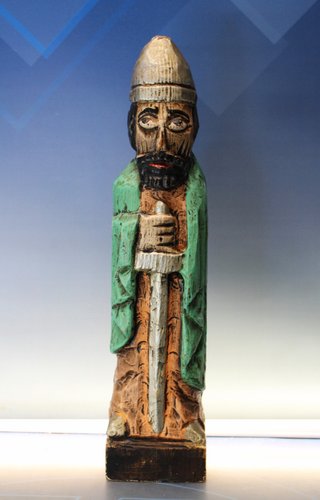 Scultura in legno Cid Campeador. Guerriero medievale. Stile romanico
