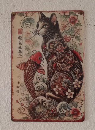 Poster de Metal Gato Tatuado y Pez Koi