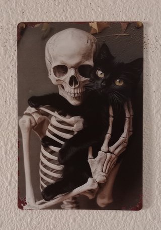 Poster de Metal Esqueleto y Gato Negro