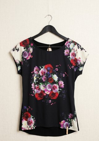 Blusa Promod Talla L Negro Flores Mujer Print